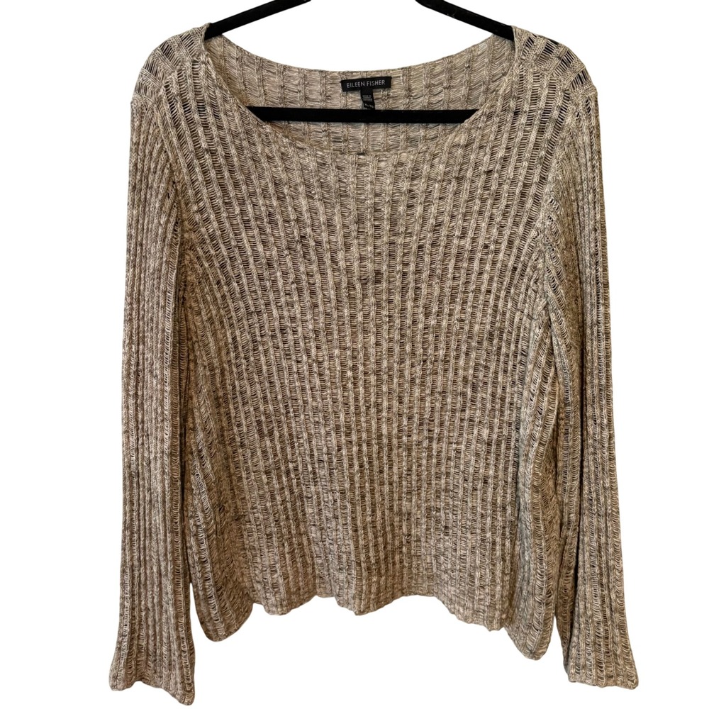 Eileen Fisher Women's Heather Grey Open Weave Cotton Long Sleeve Sweater Size XL